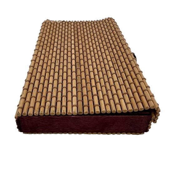 Vintage Woven Bamboo Mini Trinket Box Roll Top Wood Button Closure 5.25" - Picture 4 of 6